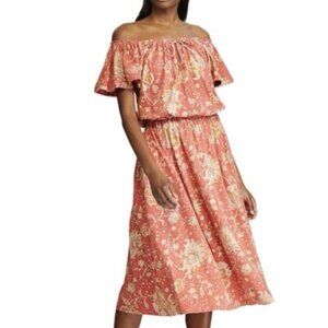 Chaps Orange Jacobean Floral Jersey Flutter Sleeve Fit Flare Midi Dress